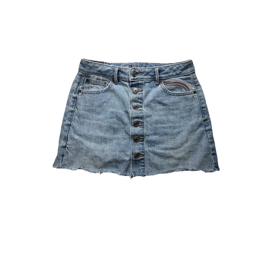 American Eagle Super Hi-Rise ALine Denim Skirt Sz 4 Raw Hem Button Front Rainbow